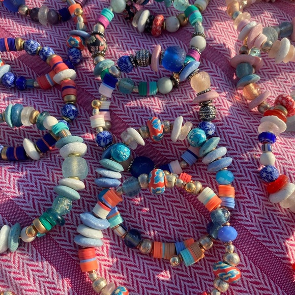 2 handmade beaded Adjustable & Stackable bracelets. Blues,silver, gold, … - Picture 2 of 14